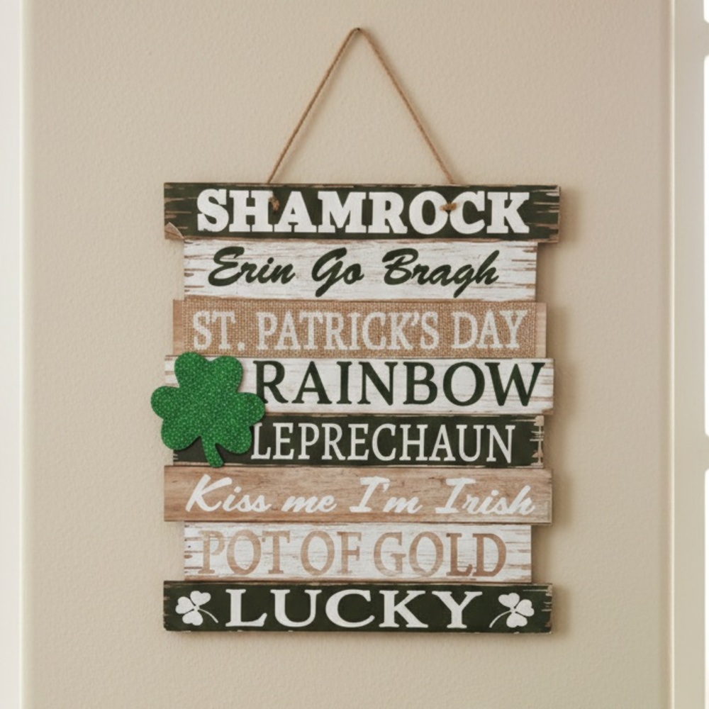 NWT St. Patrick's Day Wall Sign with Green Shamrock Details